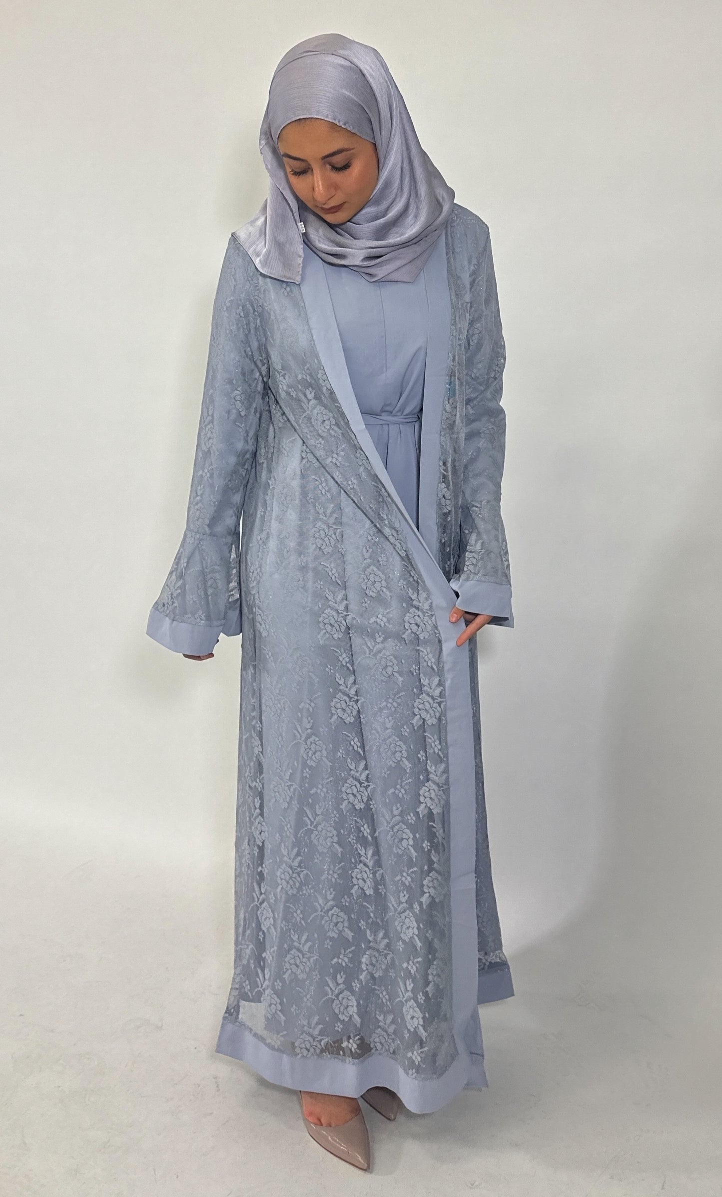 Sparkling Lace Overlay Abaya with Belt