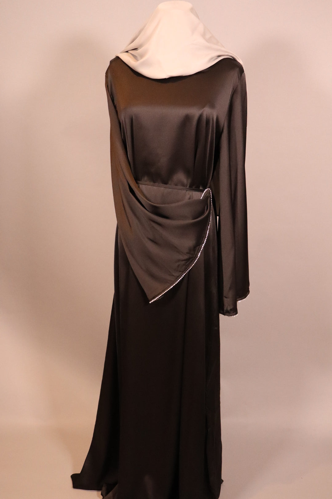 Black Satin Abaya with Diamond Trim and Belt