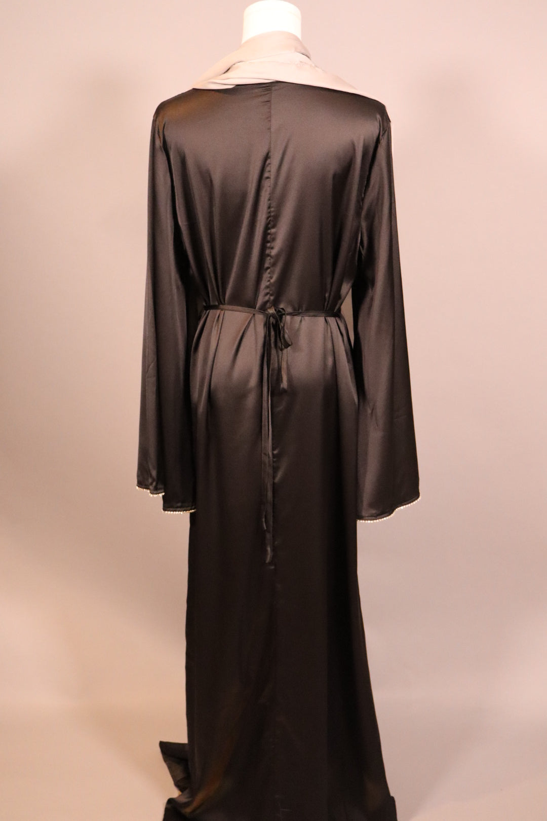 Black Satin Abaya with Diamond Trim and Belt