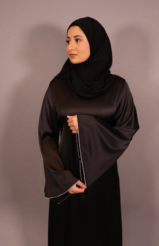 Black Satin Abaya with Diamond Trim and Belt