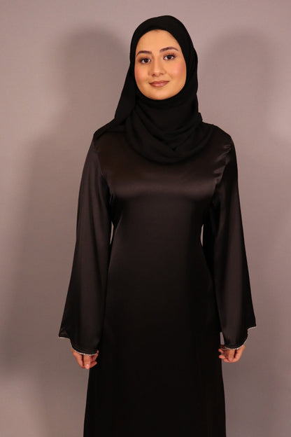 Black Satin Abaya with Diamond Trim and Belt