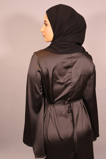 Black Satin Abaya with Diamond Trim and Belt